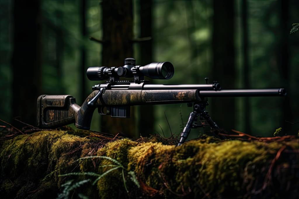 Sniper rifle with scope on forest background. Selective focus, AI Generated